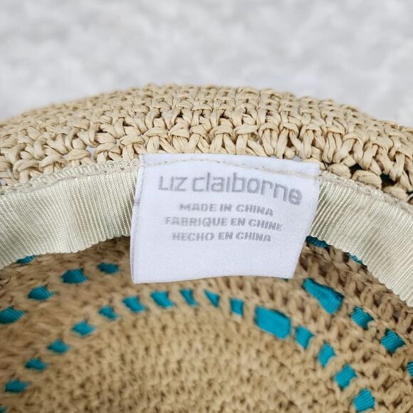 Liz Clairborne Knitted Straw Sun Hat Natural Teal - Picture 9 of 9